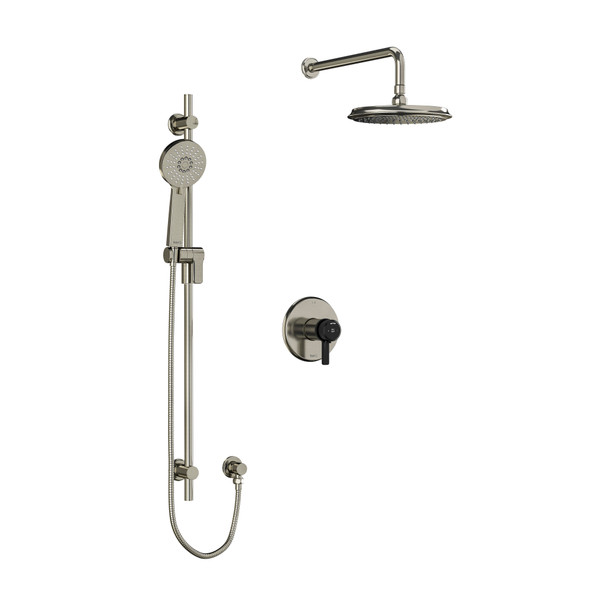 DISCONTINUED-Momenti Type T/P (Thermostatic/Pressure Balance) 1/2 Inch Coaxial 2-Way System With Hand Shower And Shower Head - Brushed Nickel and Black with J-Shaped Handles | Model Number: KIT323MMRDJBNBK-6 - Product Knockout
