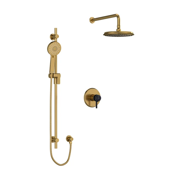 Momenti Type T/P (Thermostatic/Pressure Balance) 1/2 Inch Coaxial 2-Way System With Hand Shower And Shower Head - Brushed Gold and Black with Lever Handles | Model Number: KIT323MMRDLBGBK-6 - Product Knockout