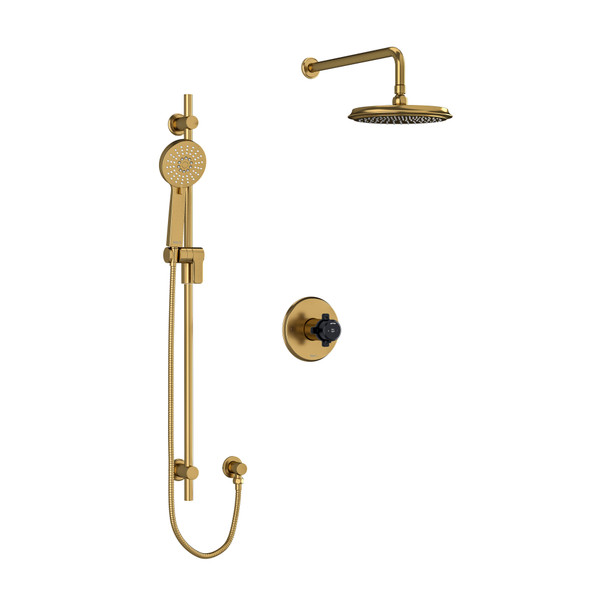 DISCONTINUED-Momenti Type T/P (Thermostatic/Pressure Balance) 1/2 Inch Coaxial 2-Way System With Hand Shower And Shower Head - Brushed Gold and Black with X-Shaped Handles | Model Number: KIT323MMRDXBGBK-6 - Product Knockout