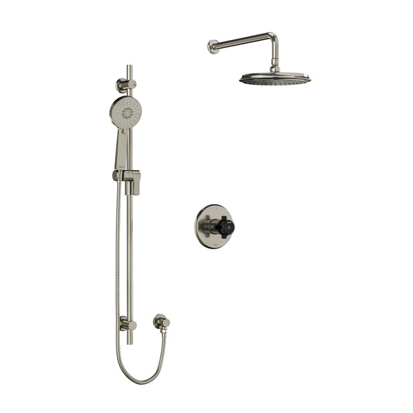 Momenti Type T/P (Thermostatic/Pressure Balance) 1/2 Inch Coaxial 2-Way System With Hand Shower And Shower Head - Brushed Nickel and Black with X-Shaped Handles | Model Number: KIT323MMRDXBNBK-EX - Product Knockout