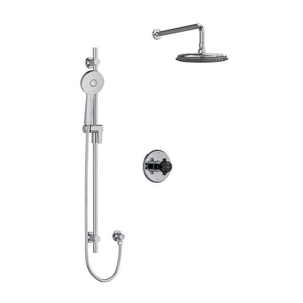 Momenti Type T/P (Thermostatic/Pressure Balance) 1/2 Inch Coaxial 2-Way System With Hand Shower And Shower Head - Chrome and Black with X-Shaped Handles | Model Number: KIT323MMRDXCBK-EX - Product Knockout