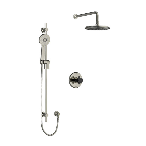 Momenti Type T/P (Thermostatic/Pressure Balance) 1/2 Inch Coaxial 2-Way System With Hand Shower And Shower Head - Polished Nickel and Black with X-Shaped Handles | Model Number: KIT323MMRDXPNBK-EX - Product Knockout