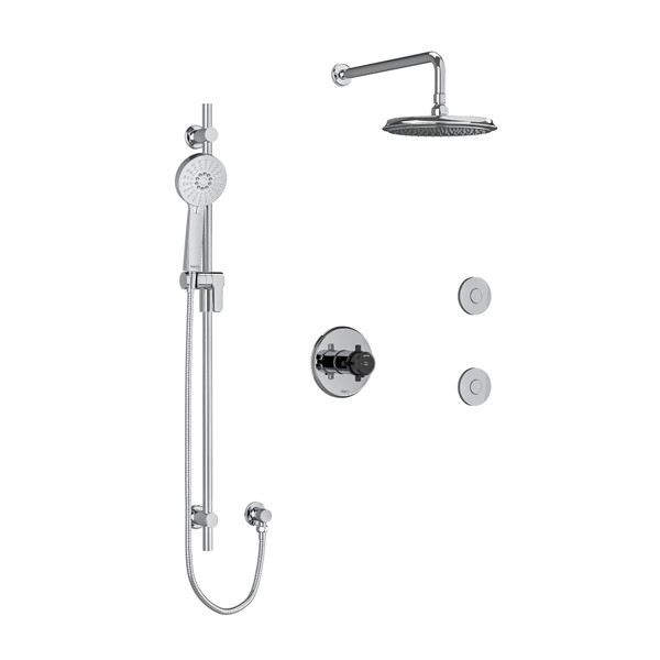 Système à 3 voies coaxiales 1/2 po type T/P (thermostatique/pression équilibrée) Momenti avec douchette sur rail, coude de raccordement, tête de douche et 2 jets corporels - Chrome et Noir avec poignées en croix​​​​​​​  | Numéro de modèle: KIT3545MMRD+CBK-6-SPEX - Produit épuisé