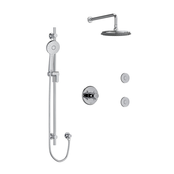 Système à 3 voies coaxiales 1/2 po type T/P (thermostatique/pression équilibrée) Momenti avec douchette sur rail, coude de raccordement, tête de douche et 2 jets corporels - Chrome avec poignées en croix  | Numéro de modèle: KIT3545MMRD+C-SPEX - Produit épuisé