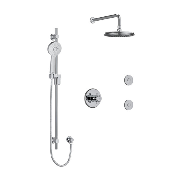 DISCONTINUÉ -Système à 3 voies coaxiales 1/2 po type T/P (thermostatique/pression équilibrée) Momenti avec douchette sur rail, coude de raccordement, tête de douche et 2 jets corporels - Chrome avec poignées en croix | Numéro de modèle: KIT3545MMRDXC-SPEX - Produit épuisé