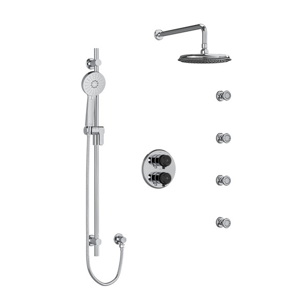 Momenti Type T/P (Thermostatic/Pressure Balance) Double Coaxial System With Hand Shower Rail 4 Body Jets And Shower Head - Chrome and Black with Lever Handles | Model Number: KIT446MMRDLCBK-6 - Product Knockout