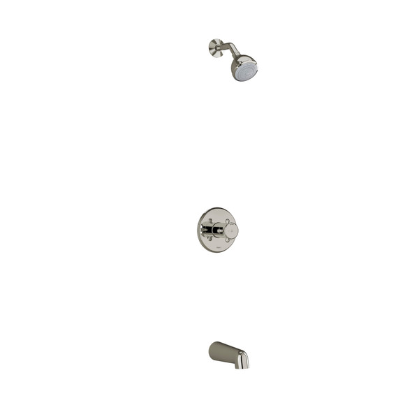 Système coaxial à 2 voies non partagées avec tête de douche et bec de bain 1/2" type T/P (thermostatique/pression équilibrée) Georgian - Nickel poli avec poignées en croix  | Numéro de modèle: KIT4744GN+PN-SPEX - Produit épuisé