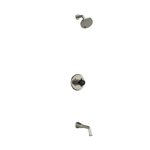 Système coaxial à 2 voies non partagées avec tête de douche et bec de bain 1/2" type T/P (thermostatique/pression équilibrée) Momenti - Nickel brossé et Noir avec poignées en croix  | Numéro de modèle: KIT4744MMRD+BNBK-EX - Produit épuisé