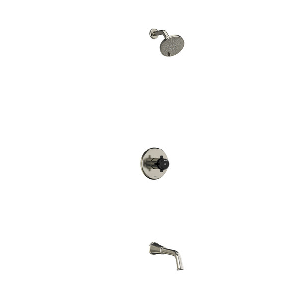 DISCONTINUED-Momenti Type T/P (Thermostatic/Pressure Balance) 1/2 Inch Coaxial 2-Way No Share With Shower Head And Tub Spout - Brushed Nickel and Black with Cross Handles | Model Number: KIT4744MMRD+BNBK-SPEX - Product Knockout