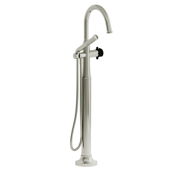Momenti 2-Way Type T (Thermostatic) Coaxial Floor-Mount Tub Filler With Hand Shower - Polished Nickel and Black with Cross Handles | Model Number: MMRD39+PNBK - Product Knockout