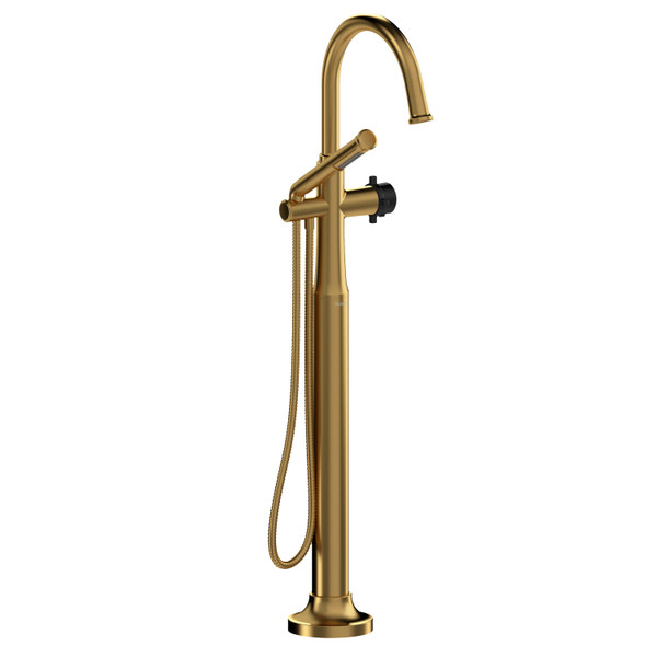 Momenti 2-Way Type T (Thermostatic) Coaxial Floor-Mount Tub Filler With Hand Shower - Brushed Gold and Black with Cross Handles | Model Number: MMRD39+BGBK-SPEX - Product Knockout