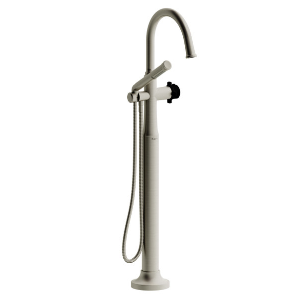 Momenti 2-Way Type T (Thermostatic) Coaxial Floor-Mount Tub Filler With Hand Shower - Brushed Nickel and Black with X-Shaped Handles | Model Number: MMRD39XBNBK-EX - Product Knockout