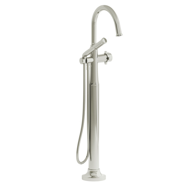 Momenti 2-Way Type T (Thermostatic) Coaxial Floor-Mount Tub Filler With Hand Shower - Polished Nickel with X-Shaped Handles | Model Number: MMRD39XPN-EX - Product Knockout