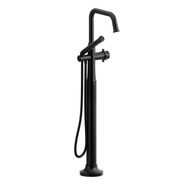 Momenti 2-Way Type T (Thermostatic) Coaxial Floor-Mount Tub Filler With Hand Shower - Black with Cross Handles | Model Number: MMSQ39+BK-EX - Product Knockout