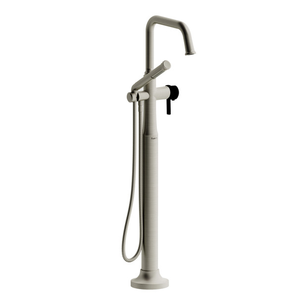 Robinet de bain coaxial à montage au sol à 2 voies de type T (thermostatique) avec douchette Momenti - Nickel brossé et Noir avec poignées en J  | Numéro de modèle: MMSQ39JBNBK-SPEX - Produit épuisé