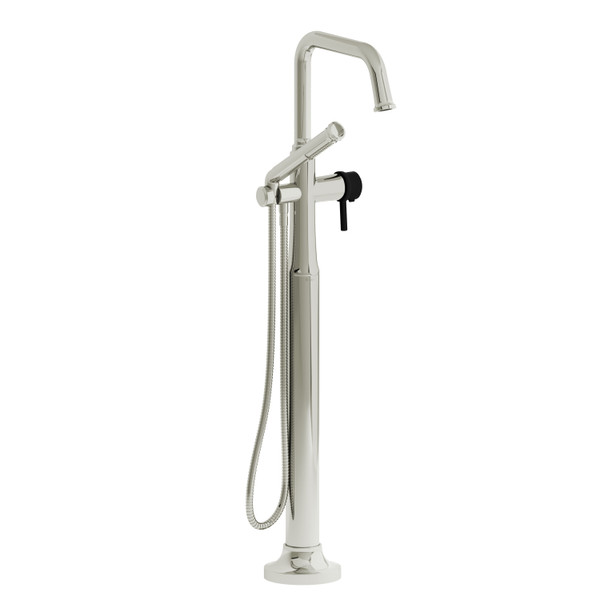 Momenti 2-Way Type T (Thermostatic) Coaxial Floor-Mount Tub Filler With Hand Shower - Polished Nickel and Black with Lever Handles | Model Number: MMSQ39LPNBK-EX - Product Knockout