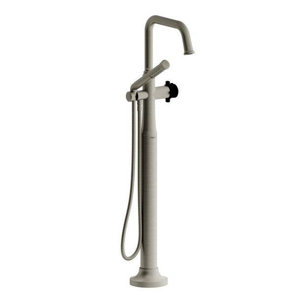 Momenti 2-Way Type T (Thermostatic) Coaxial Floor-Mount Tub Filler With Hand Shower - Brushed Nickel and Black with X-Shaped Handles | Model Number: MMSQ39XBNBK-EX - Product Knockout