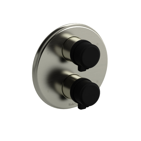 DISCONTINUED-Momenti 4-Way No Share Type T/P (Thermostatic/Pressure Balance) Coaxial Valve Trim - Brushed Nickel and Black with J-Shaped Handles | Model Number: TMMRD88JBNBK - Product Knockout