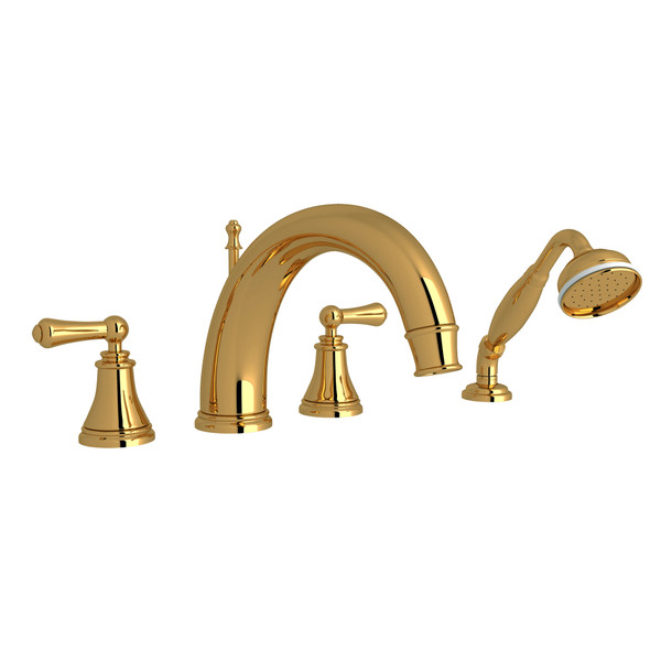 Georgian Era 4-Hole Deck Mount C-Spout Tub Filler with Handshower with Metal Lever Handle - Unlacquered Brass | Model Number: U.3648LS-ULB - Product Knockout