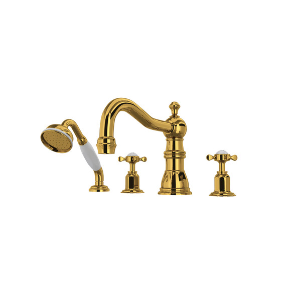 Edwardian 4-Hole Deck Mount Column Spout Tub Filler with Handshower with Cross Handle - Unlacquered Brass with X-Shaped Handles | Model Number: U.3746X-ULB - Product Knockout
