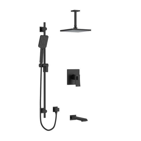 Zendo Type T/P (Thermostatic/Pressure Balance) 1/2 Inch Coaxial 3-Way System With Vertical Shower Arm, Hand Shower Rail, Shower Head and Spout - Black | Model Number: KIT1345ZOTQBK-6 - Product Knockout