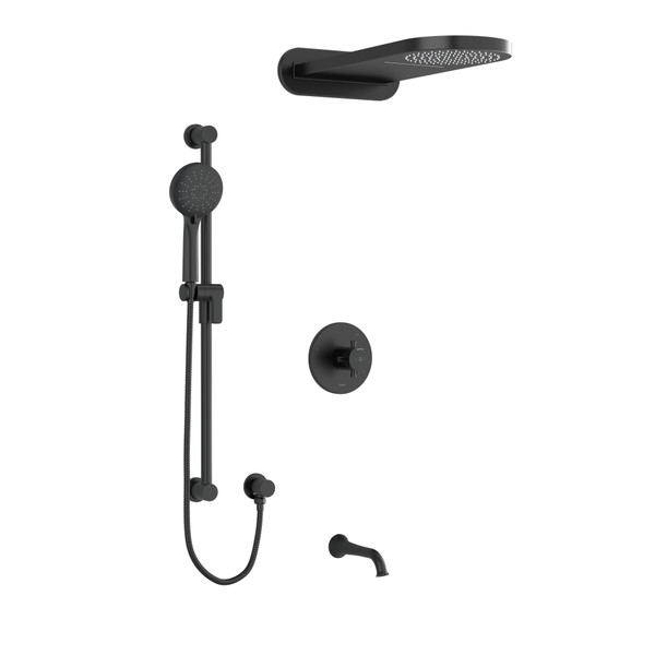 Système coaxial à 3 voies 1/2 po type T/P Edge (thermostatique/pression équilibrée) avec douchette sur rail, tête de douche pluie et cascade, poignée en croix et connexion en PEX - Noir  | Numéro de modèle: KIT2745EDTM+BK-SPEX - Produit épuisé