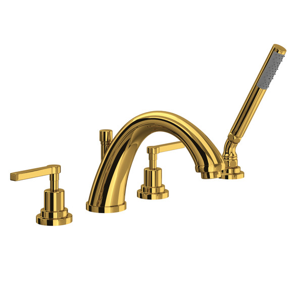 Lombardia 4-Hole Deck Mount C-Spout Tub Filler with Handshower - Unlacquered Brass with Metal Lever Handle | Model Number: A1264LMULB - Product Knockout