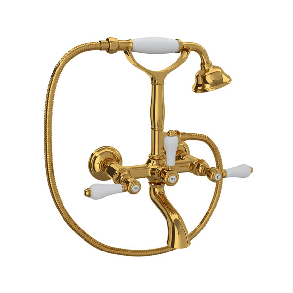 Exposed Wall Mount Tub Filler with Handshower - Unlacquered Brass with White Porcelain Lever Handle | Model Number: A1401LPULB - Product Knockout