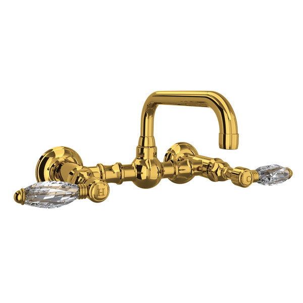 Acqui Wall Mount Bridge Bathroom Faucet - Unlacquered Brass with Crystal Metal Lever Handle | Model Number: A1423LCULB-2 - Product Knockout