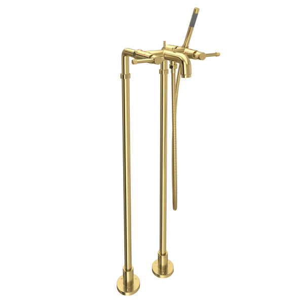 Campo Exposed Floor Mount Tub Filler with Handshower and Floor Pillar Legs or Supply Unions - Satin Unlacquered Brass with Industrial Metal Lever Handle | Model Number: AKIT3302NILSUB - Product Knockout