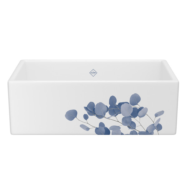 Shaker™ 33" Single Bowl Farmhouse Apron Front Fireclay Kitchen Sink With Eucalyptus Design - Eucalyptus in Blue/Silver | Model Number: MS3318WHECBS
