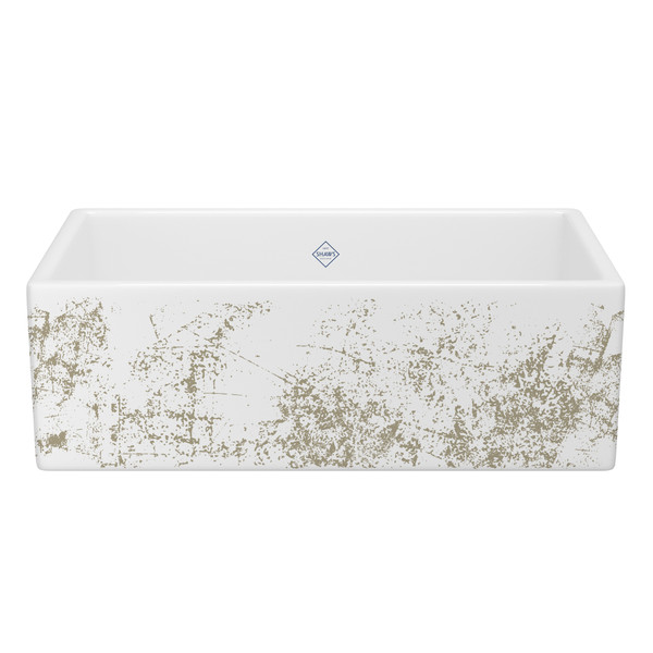 Évier de cuisine simple de 33" en argile réfractaire avec tablier avec motif métallisé Shaker - Blanc avec motif  | Numéro de modèle: MS3318WHMTGO - Produit épuisé