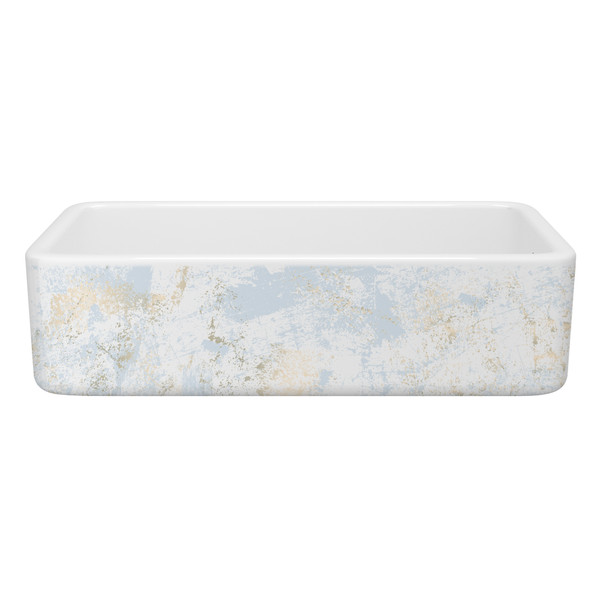 Lancaster™ 36" Single Bowl Farmhouse Apron Front Fireclay Kitchen Sink With Patina Design - Patina in Blue/Gold | Model Number: RC3618WHPTBG