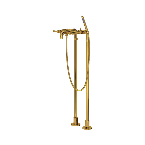 Campo Exposed Floor Mount Tub Filler with Handshower & Floor Pillar Legs or Supply Unions - Unlacquered Brass | Model Number: AKIT3302NILULB - Product Knockout