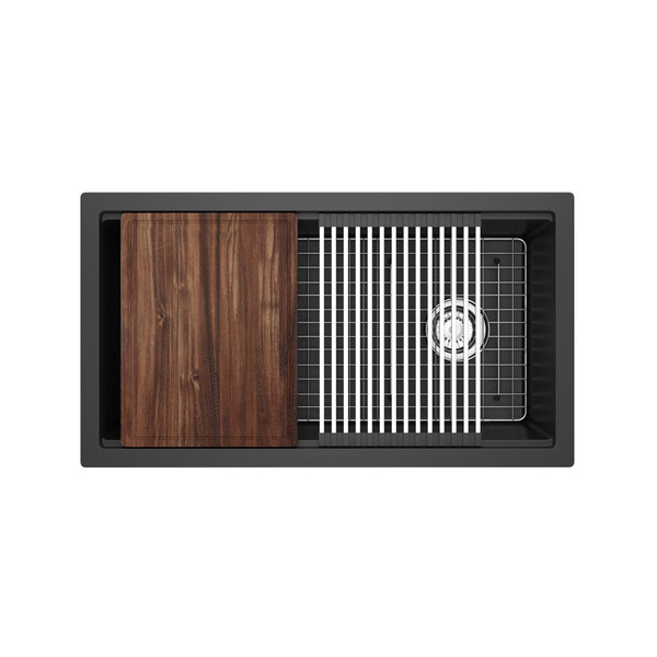 Fonsa™ 33" Quartz Chef/Workstation Sink With Accessories - Black | Model Number: FAUM3318WSBK