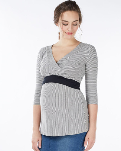 OBI 3/4 SLEEVE M/N TOP - STRIPE GREY-WHITE