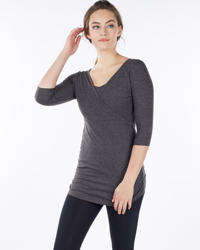 SIDE-RUCH 3/4 SLEEVE MATERNITY-NURSING TEE - HEATHER CHARCOAL
