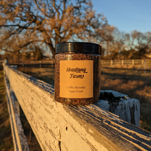 Coffee Rosehip Sugar Scrub sitting on a wood fence.