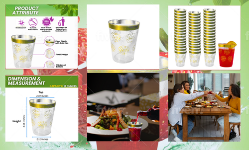 Elegant, Gold Rim with Unique Floral design clear plastic Cups are great for Mixed drinks, punch, beer,  Coke, Soda, Juice, Wine, Drinks, Beverages, Water, & more