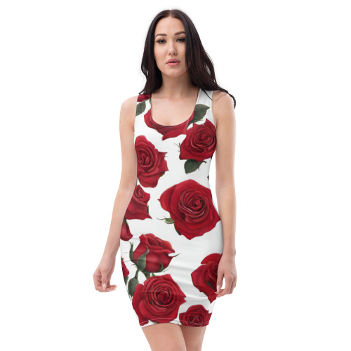 Bodycon dress in Red, White and Green Floral Design