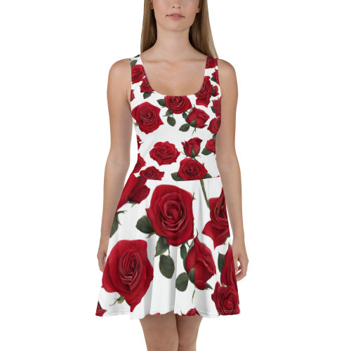 Skater Dress in Red, White and Green Floral Design