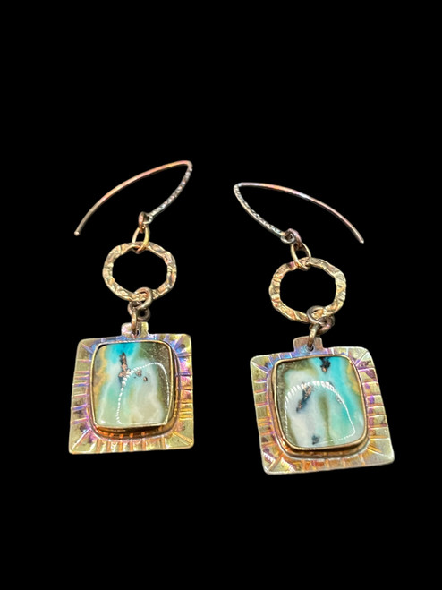 Square Blue Opal Petrified Wood Dangle Earrings