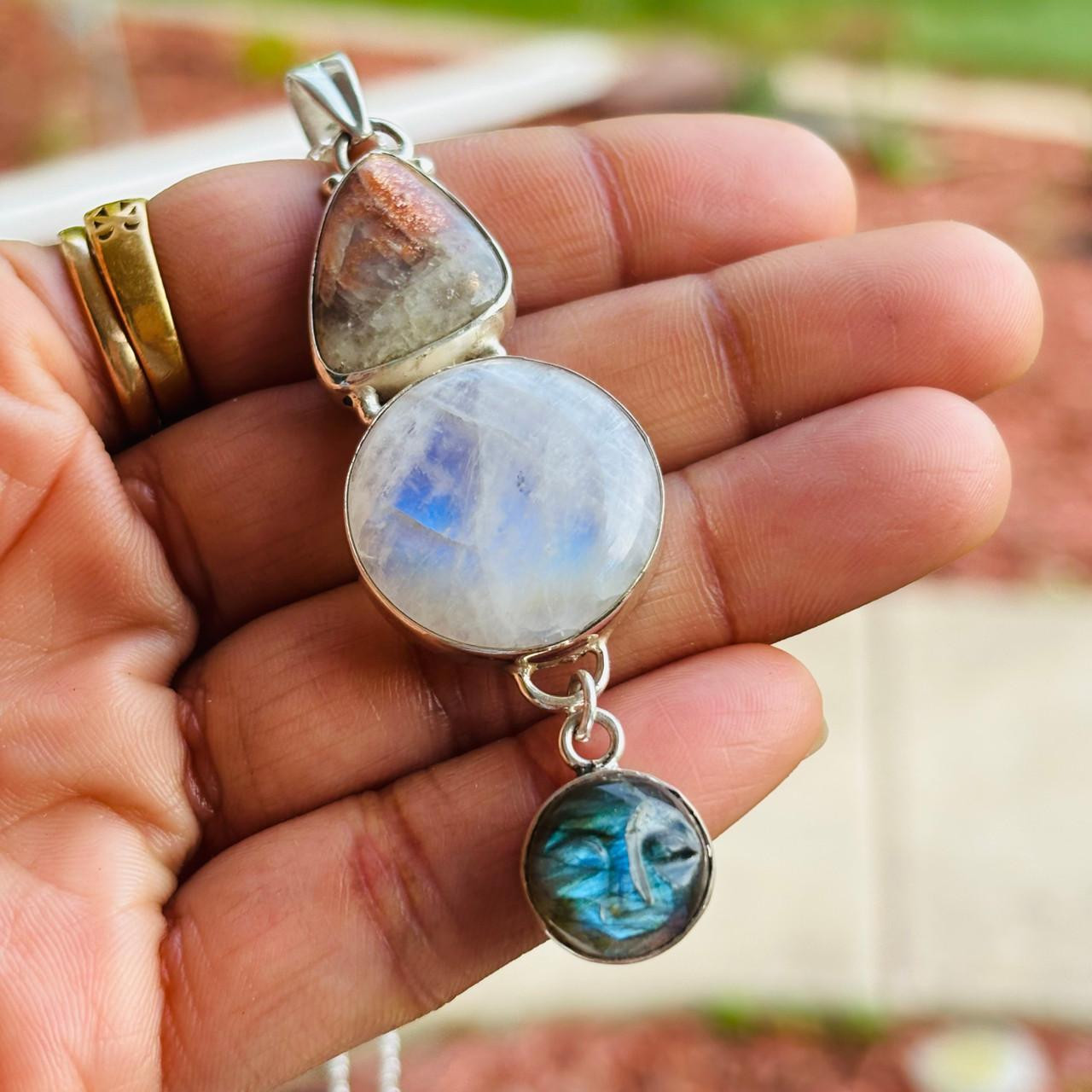 Moonstone and Sunstone Pendant with Carved Labradorite Moon