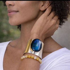 Labradorite wide sterling silver cuff bangle, 59 mm wide bracelet
