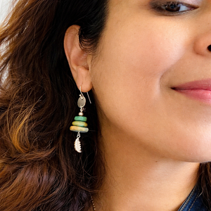 Boho turquoise gemstone earrings in long beaded style with silver leaf dangle for women