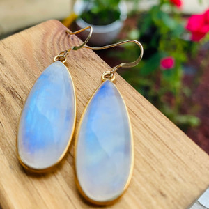White moonstone dangle earrings in gold vermeil  o sterling silver, handcrafted teardrop statement earrings
