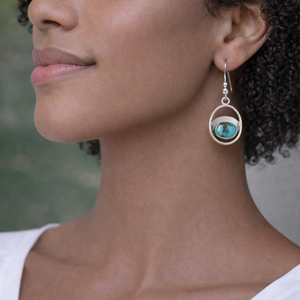 Blue turquoise gemstone earrings in sterling silver oval hoops, boho style handmade jewelry gift for women