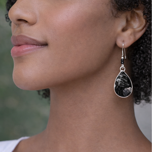 Black shungite teardrop earrings with raw gemstone pear drops set in sterling silver, long statement dangle design