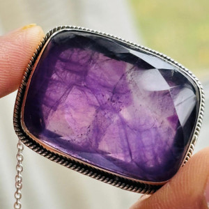 extra large purple crystal pendant on silver chain - natural amethyst bezel set gemstone