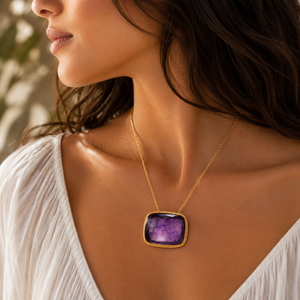 Large Natural Amethyst gold Necklace with rectangular cabochon faceted Pendant on a chain